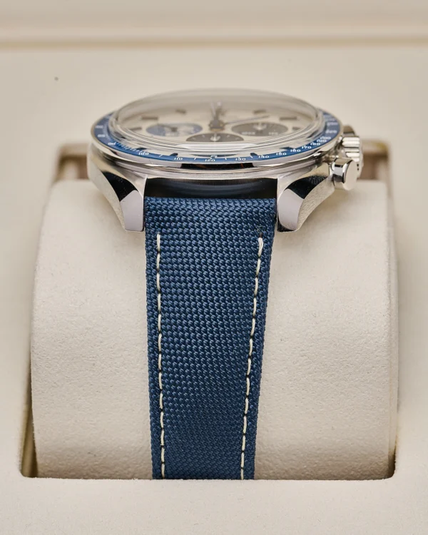 The strap of a Omega Speedmaster “Silver Snoopy Award” 2025