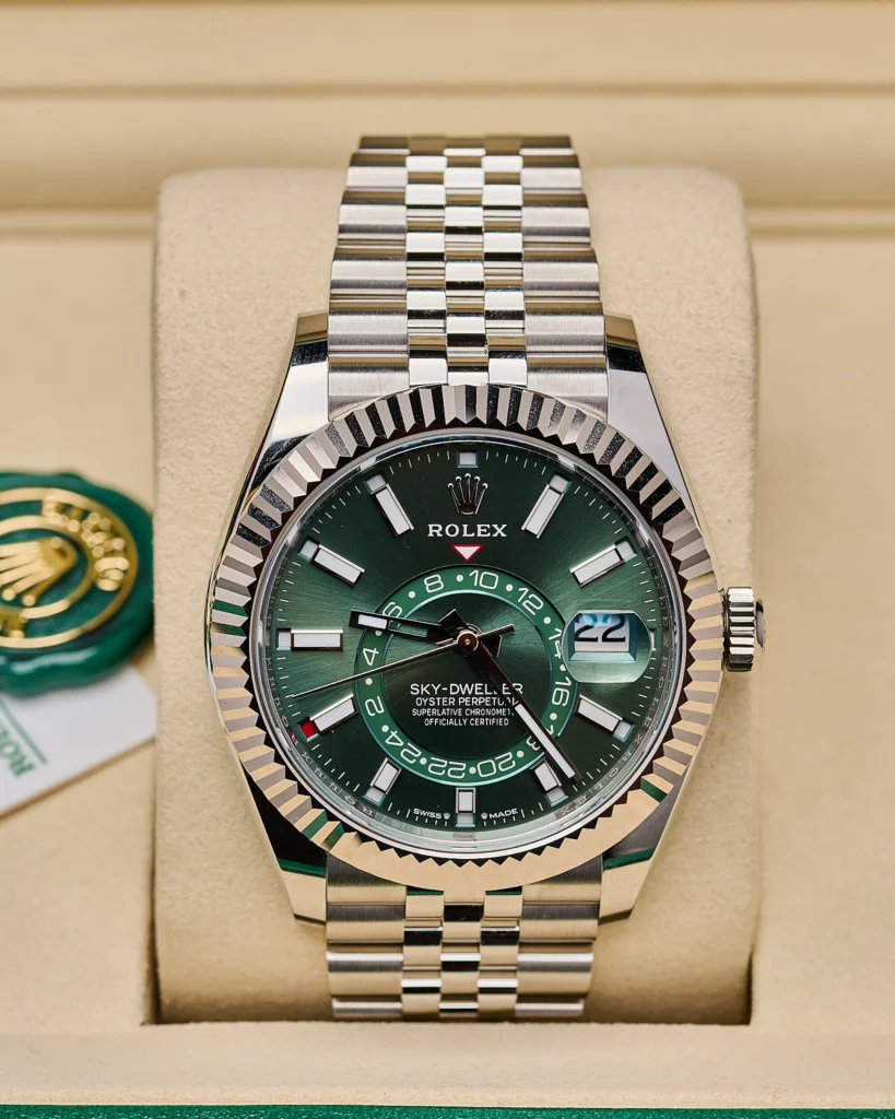The face of a Rolex Skydweller 336934 Green Jubilee 2025