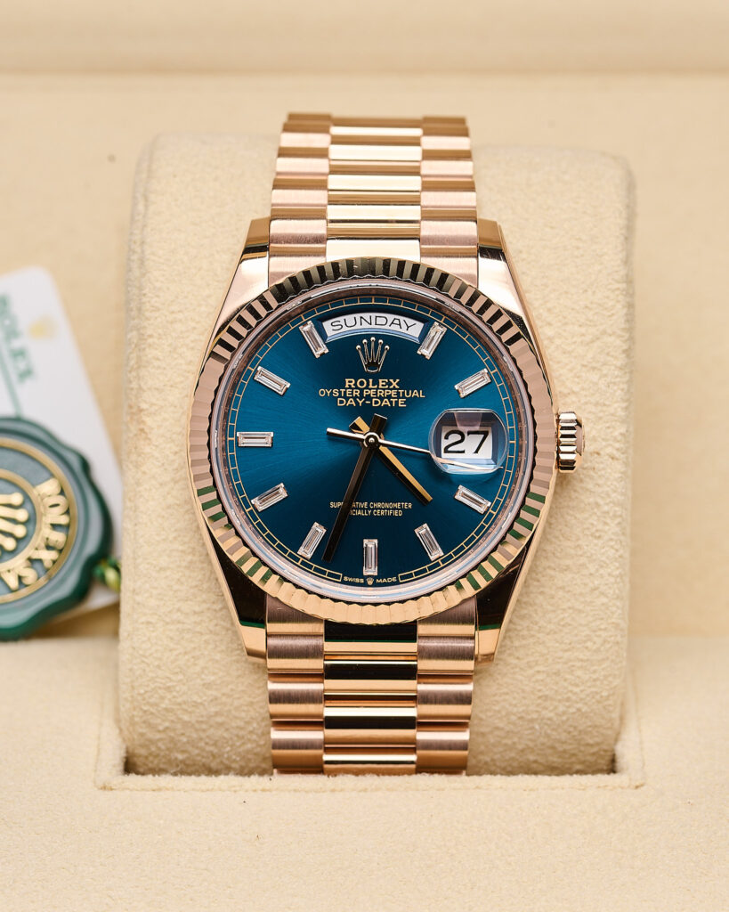 Rolex Day-Date 128235 Blue Baguette Diamond Rose Gold 2024