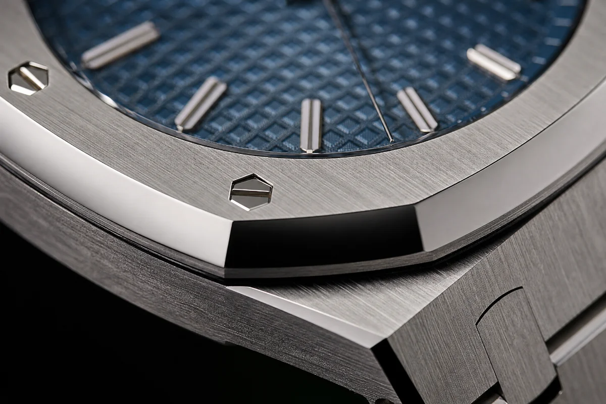 Close-up of the Audemars Piguet Royal Oak octagonal bezel and eight signature screws