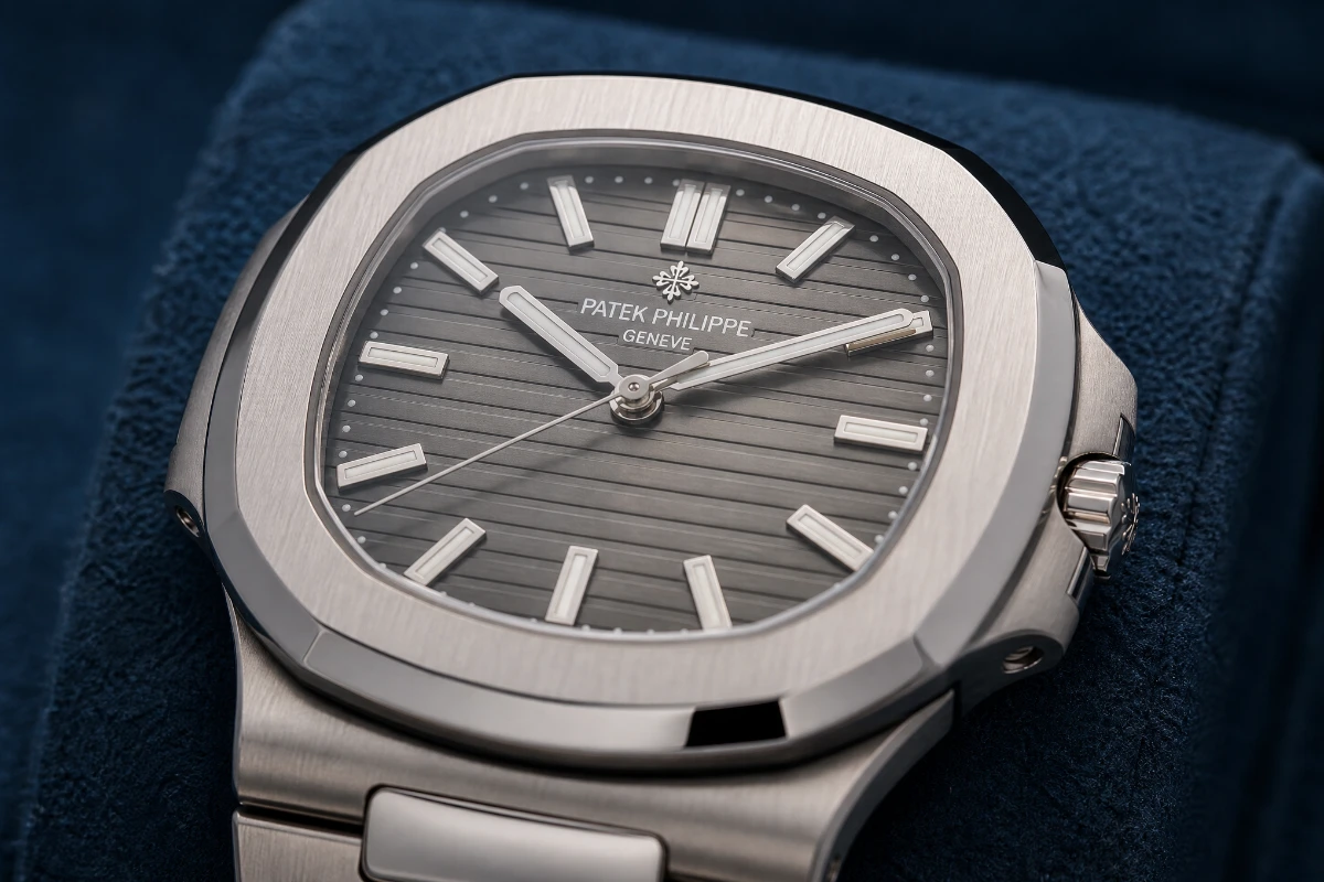 Macro shot of a genuine Patek Philippe dial showing crisp printing, the centred Calatrava cross and uniformly finished hour markers