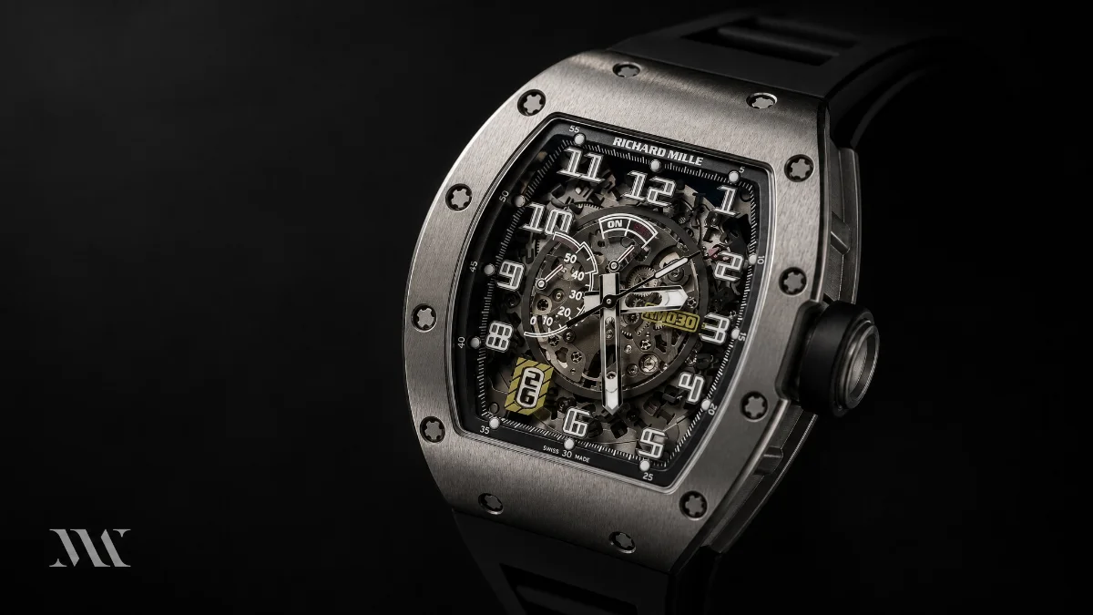 Richard Mille skeletonised tourbillon watch with tonneau case
