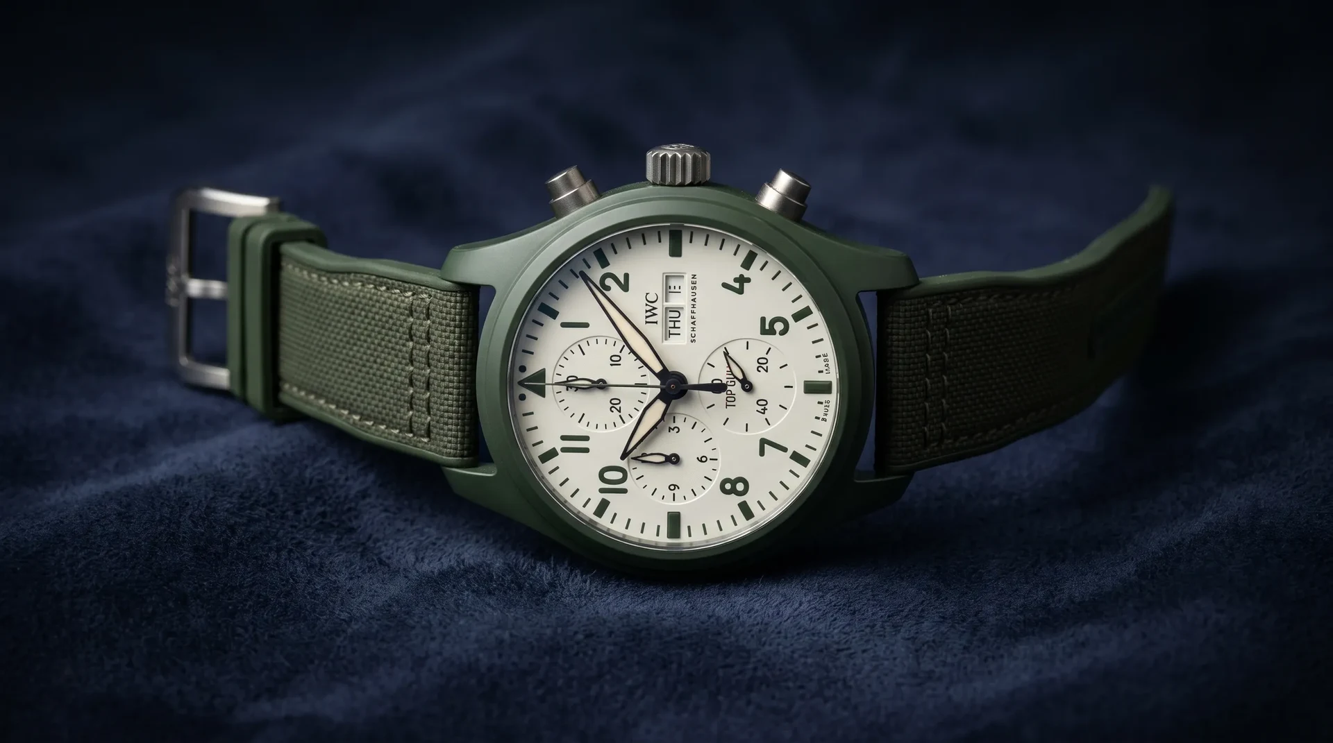 IWC Pilot's Watch Top Gun chronograph in woodland green ceramic, on its original green rubber and canvas strap