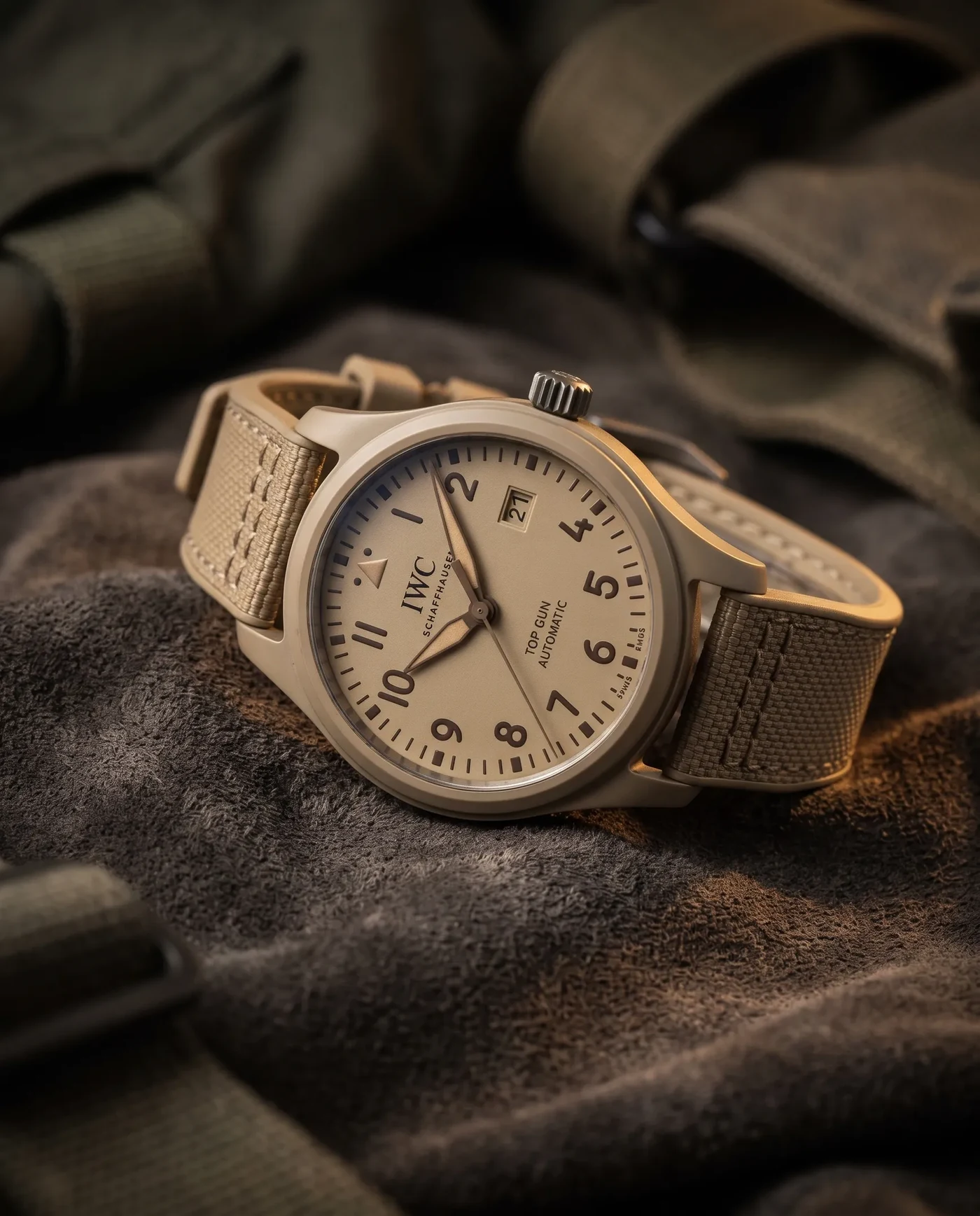 IWC Pilot's Watch Automatic Top Gun Mojave Desert, sand-toned ceramic case on a rubber strap with textile inlay